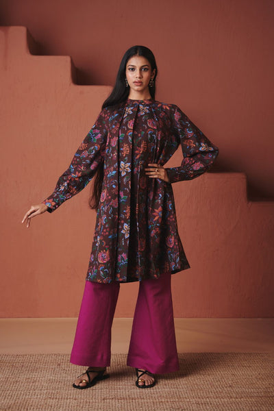 Coffee Chintz Co Linen Front Pleated Kurta Set