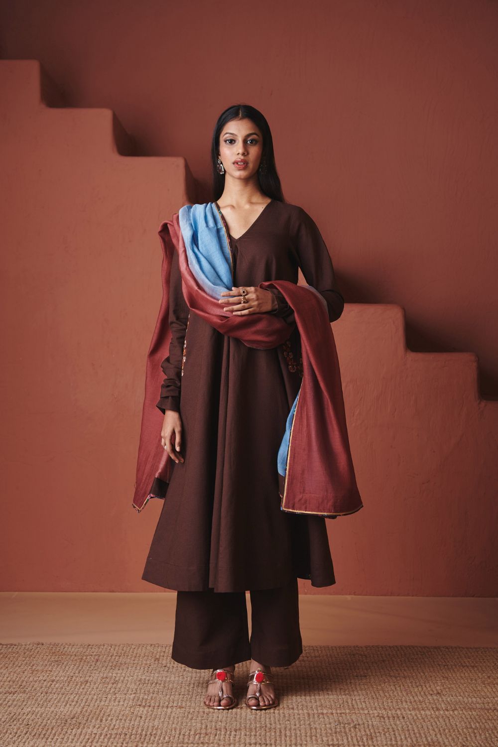 Coffee Co Linen Embroidered Pocket Kurta Set