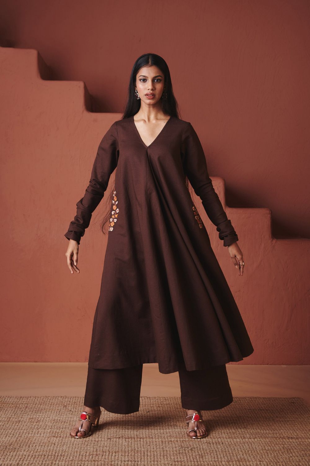 Coffee Co Linen Embroidered Pocket Kurta Set