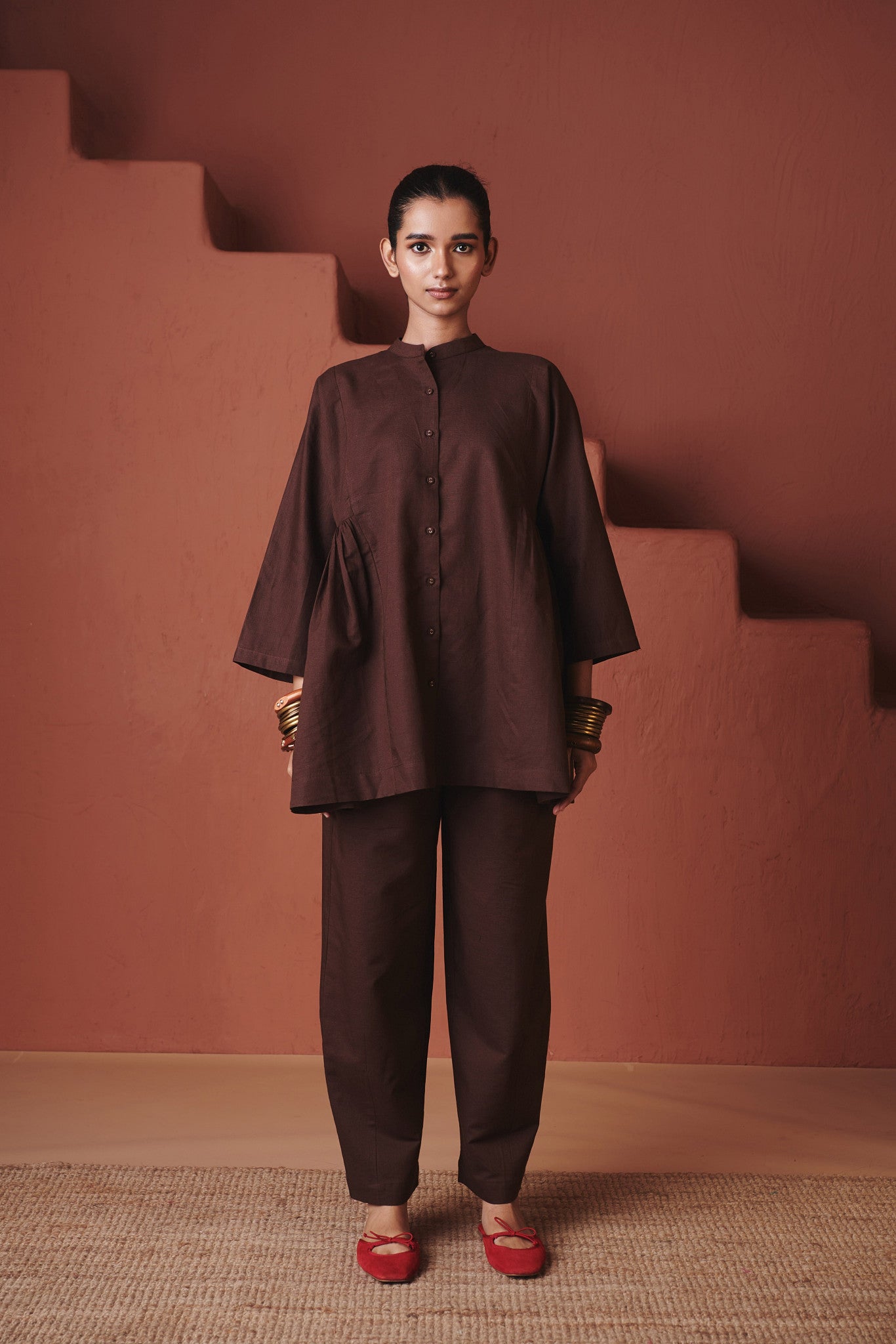 Coffee Co Linen Gathered Shirt Set