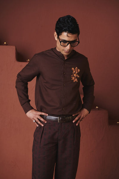 Coffee Co Linen Men's Band Collar Shirt – Slim Fit