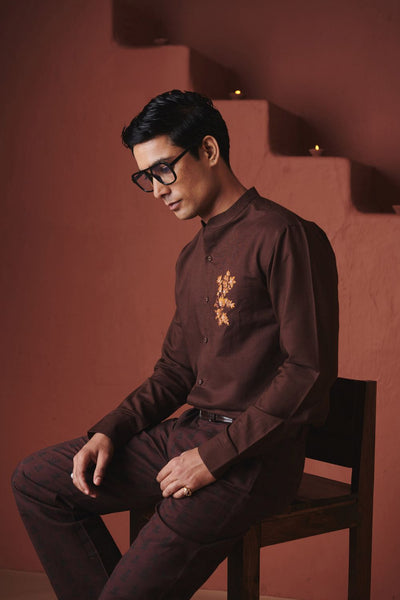 Coffee Co Linen Men's Band Collar Shirt – Slim Fit