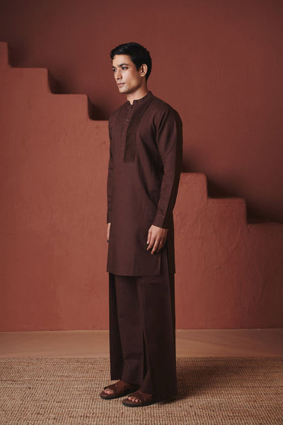 Coffee Co Linen Men's Pleated Yoke Kurta Set