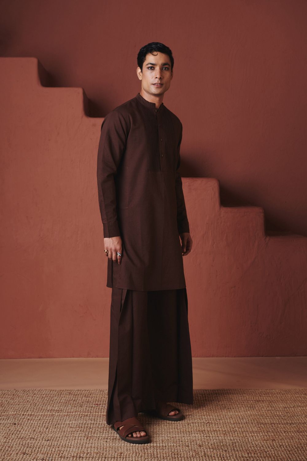 Coffee Co Linen Men's Pleated Yoke Kurta Set