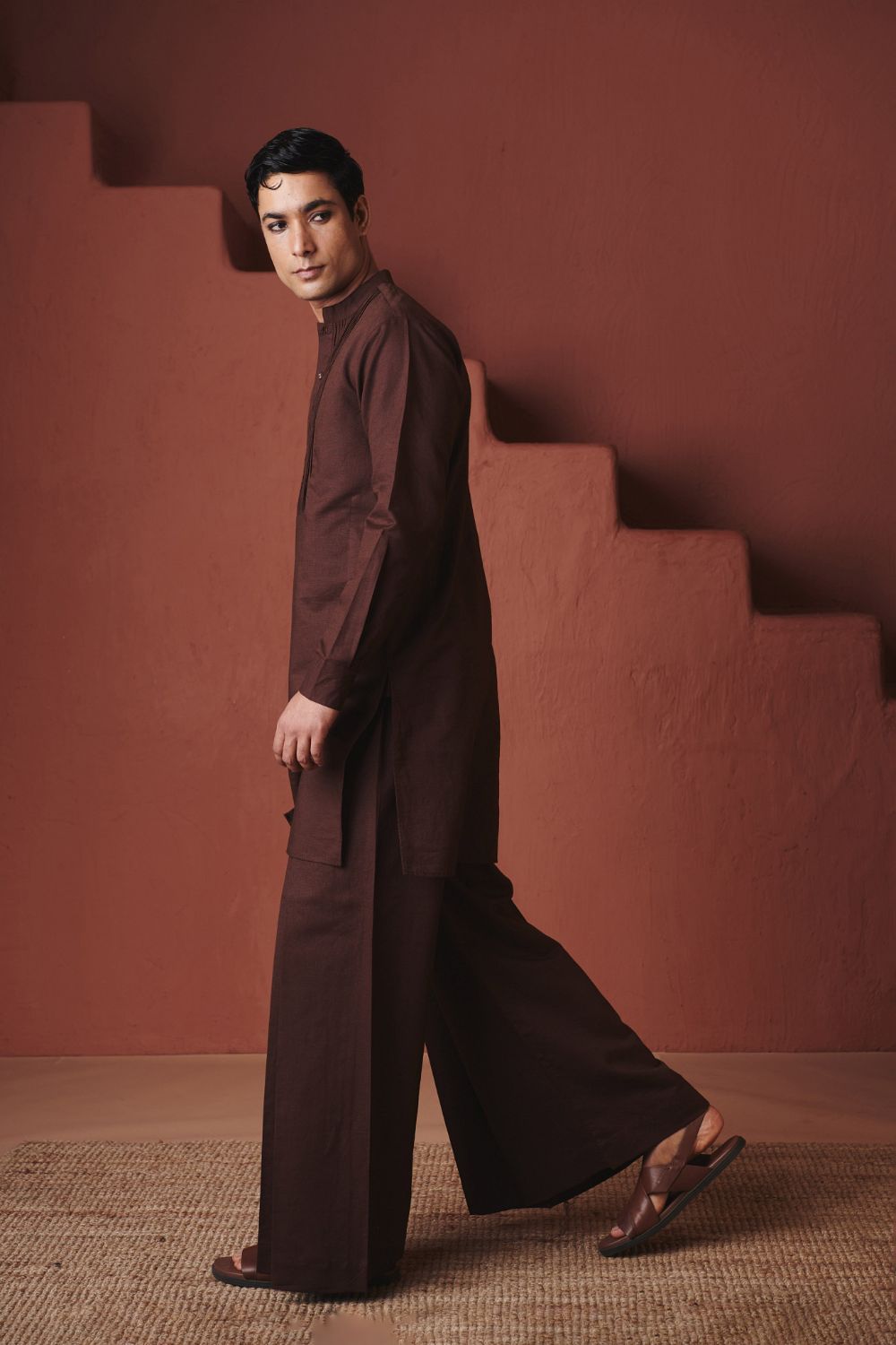 Coffee Co Linen Men's Pleated Yoke Kurta Set