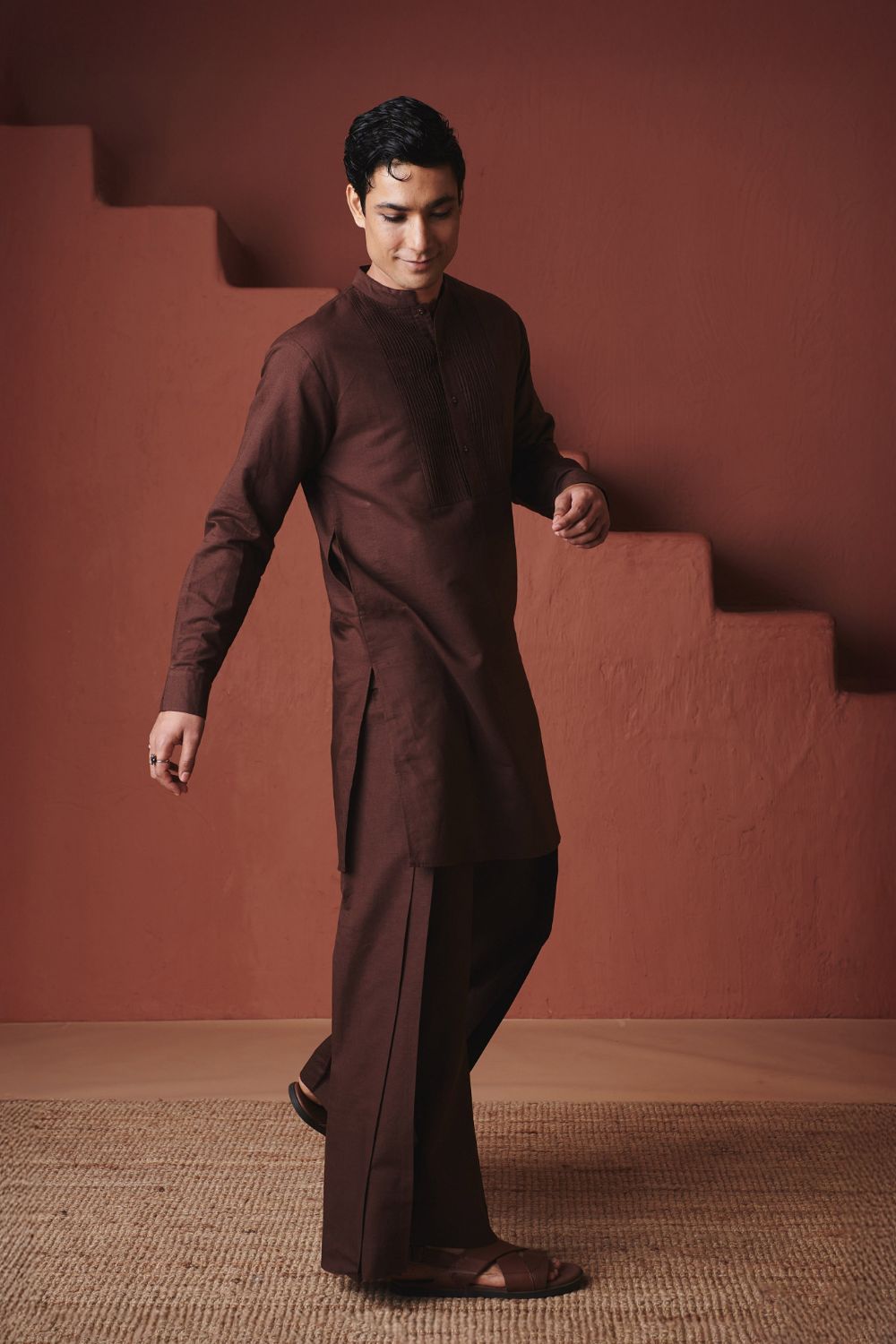Coffee Co Linen Men's Pleated Yoke Kurta Set