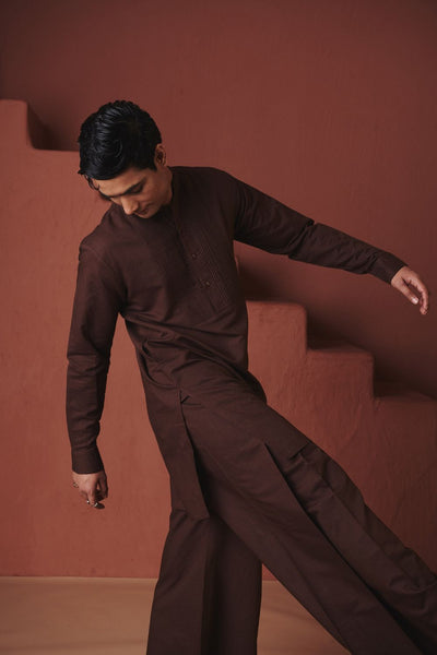 Coffee Co Linen Men's Pleated Yoke Kurta Set