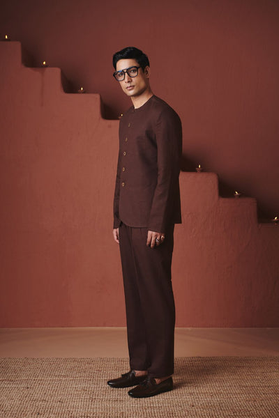 Coffee Co Linen Men's Round Neck Jacket Set