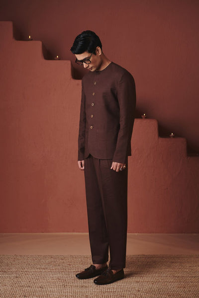 Coffee Co Linen Men's Round Neck Jacket Set