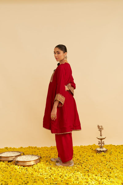 Mehza - Short Chauga With Salwar-Deep Red