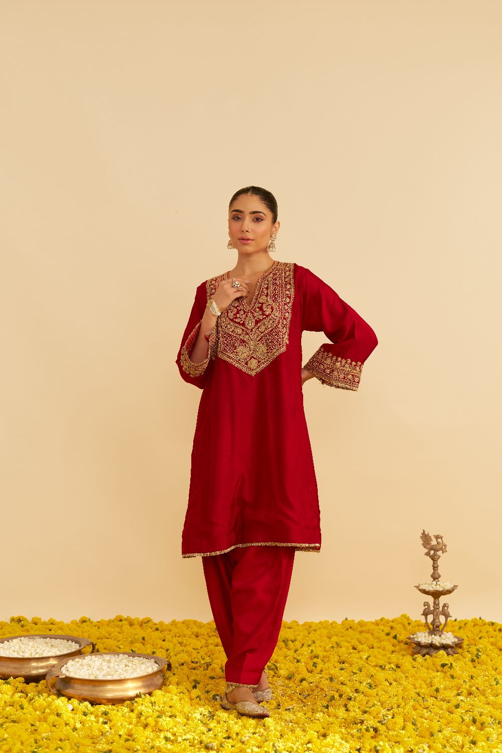 Mehza - Short Chauga With Salwar-Deep Red