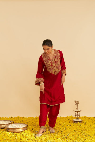 Mehza - Short Chauga With Salwar-Deep Red