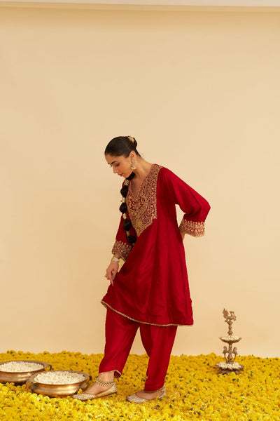 Mehza - Short Chauga With Salwar-Deep Red