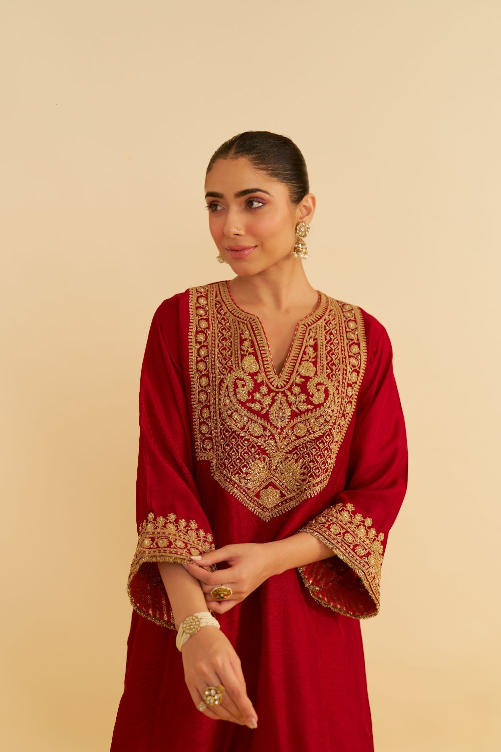 Mehza - Short Chauga With Salwar-Deep Red