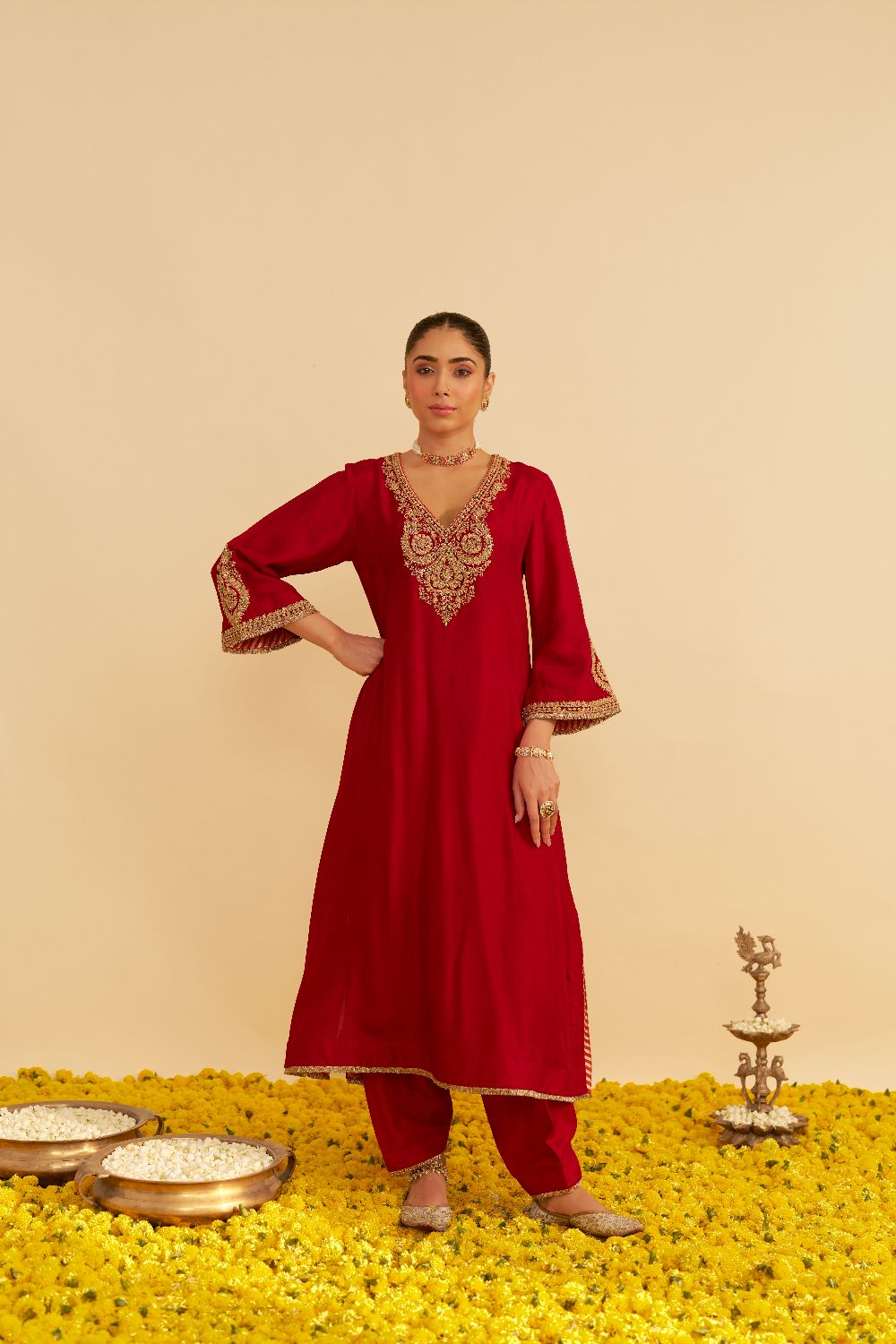 Haayat - Long Kaftan With Salwar-Deep Red