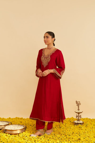 Haayat - Long Kaftan With Salwar-Deep Red