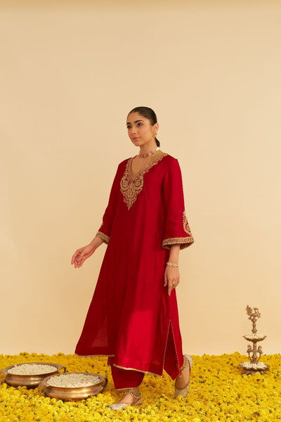 Haayat - Long Kaftan With Salwar-Deep Red