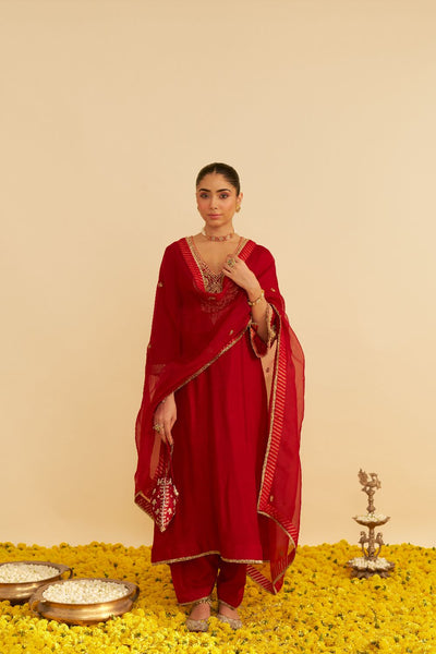 Haayat - Long Kaftan With Salwar-Deep Red