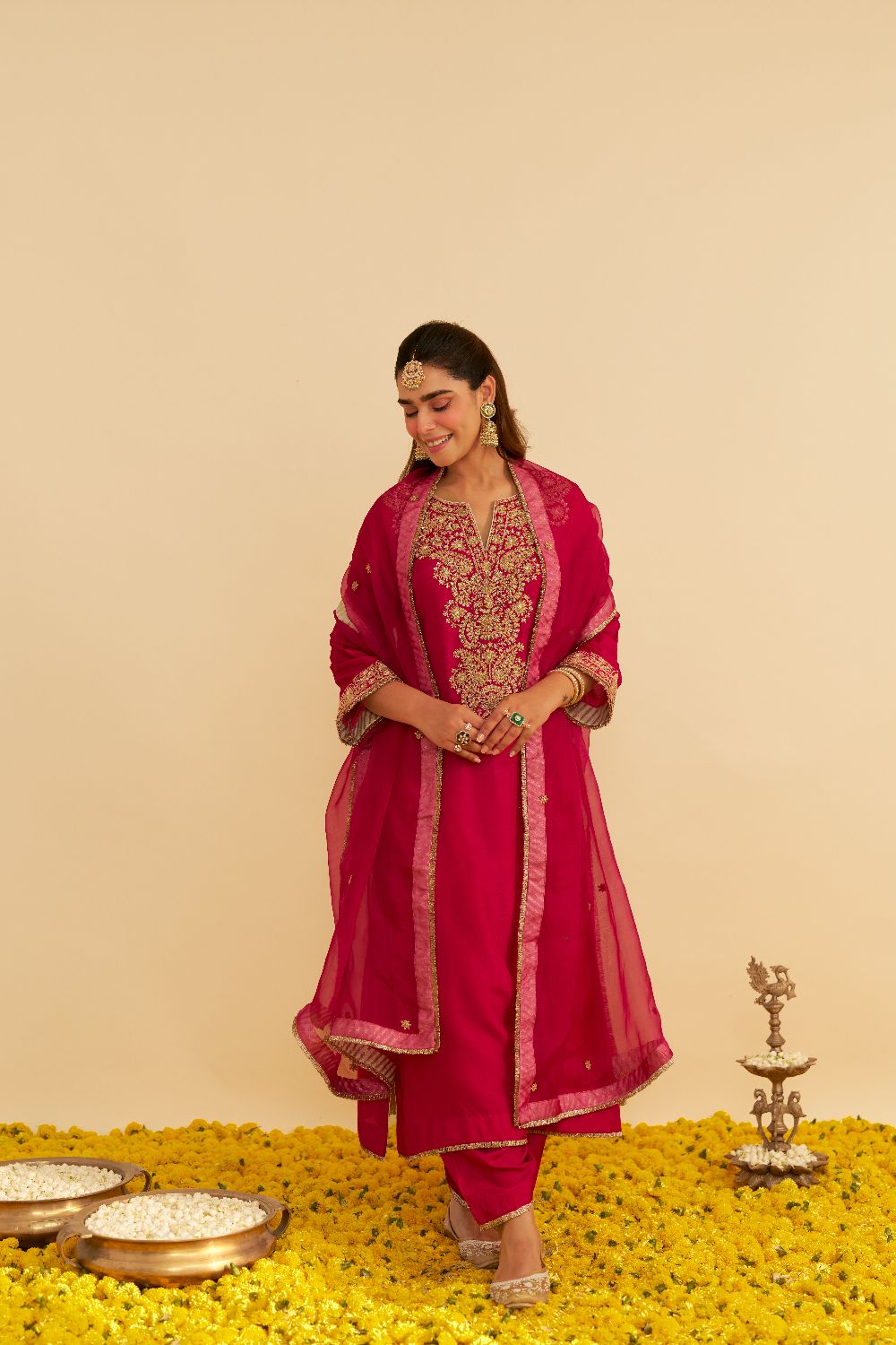 Hiba - Long Kaftan With Salwar-Hotpink
