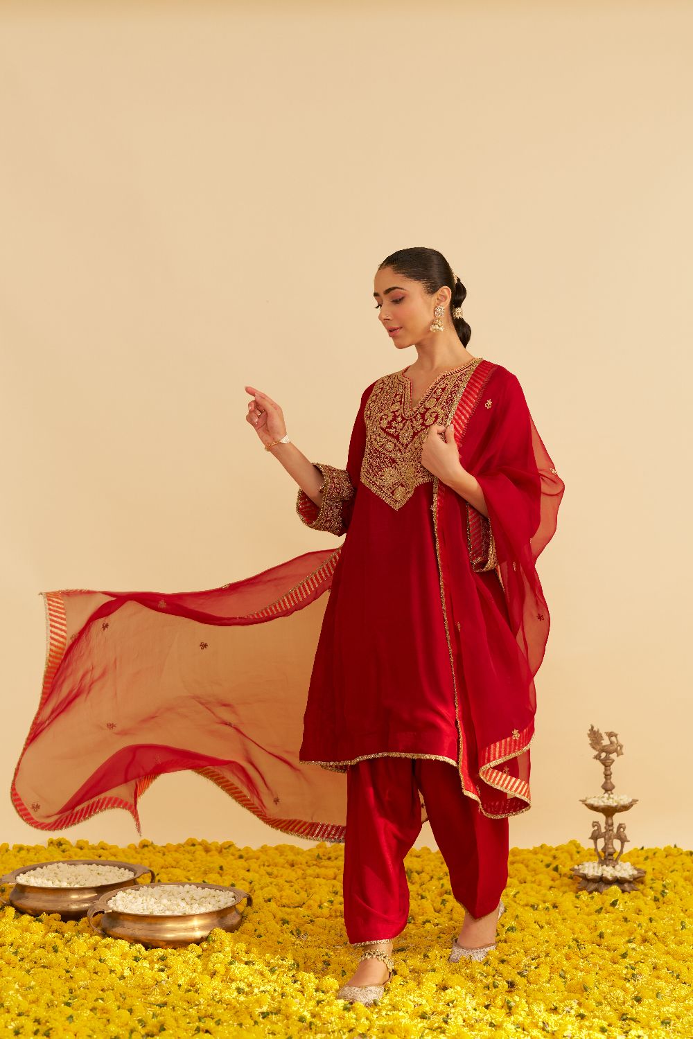 Mehza - Short Chauga With Salwar-Deep Red