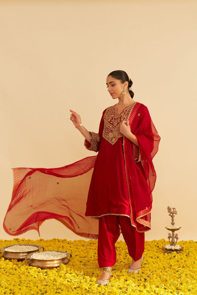Mehza - Short Chauga With Salwar-Deep Red
