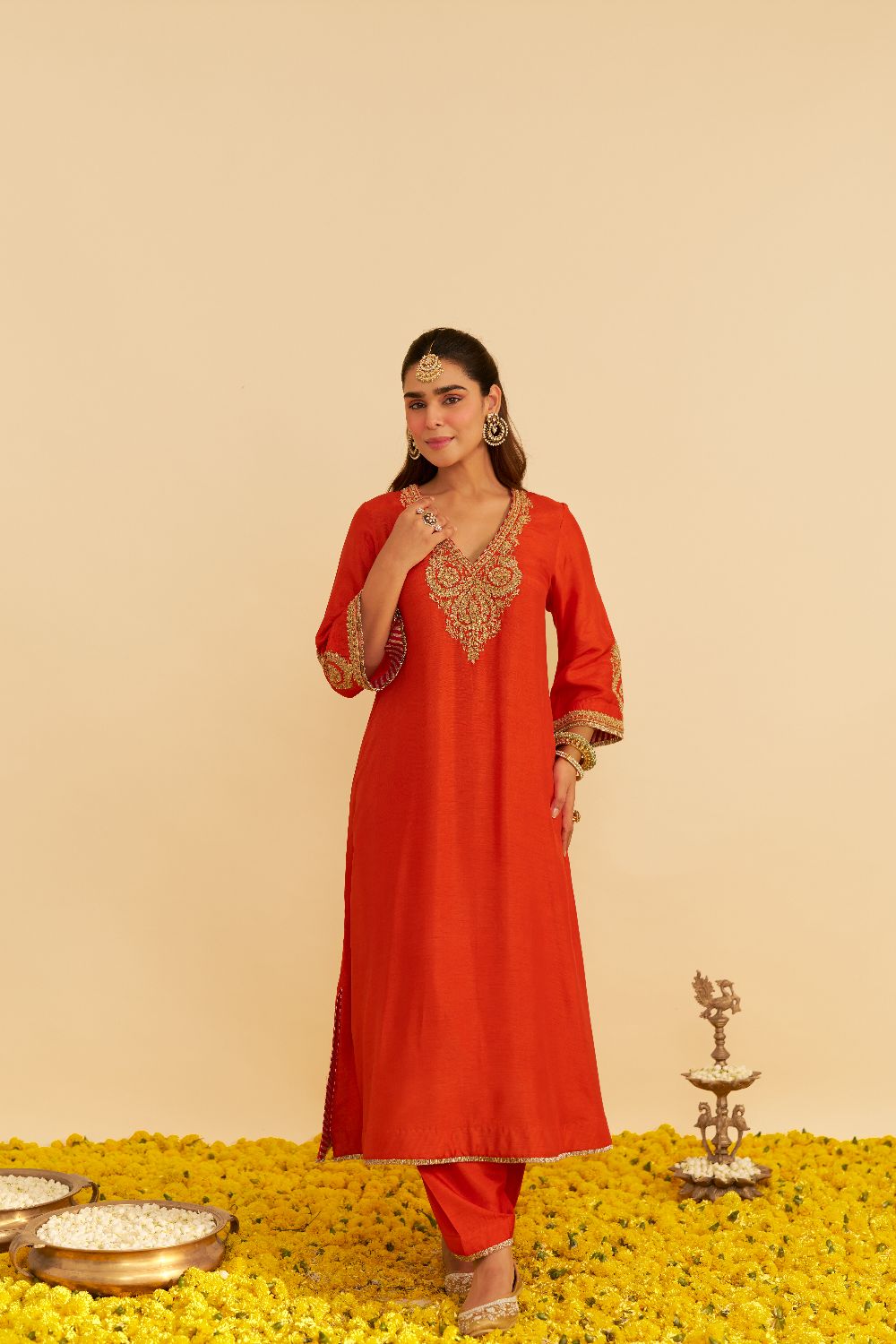 Haayat - Long Kaftan With Salwar-Burnt Orange