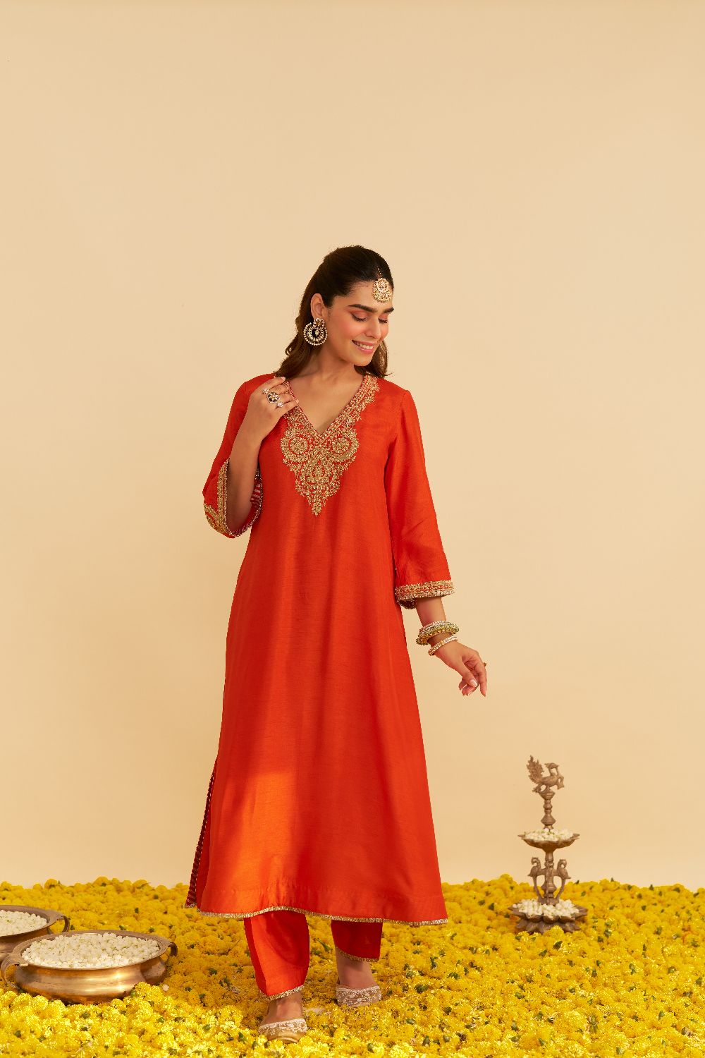 Haayat - Long Kaftan With Salwar-Burnt Orange