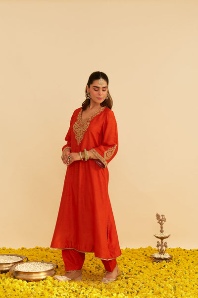 Haayat - Long Kaftan With Salwar-Burnt Orange