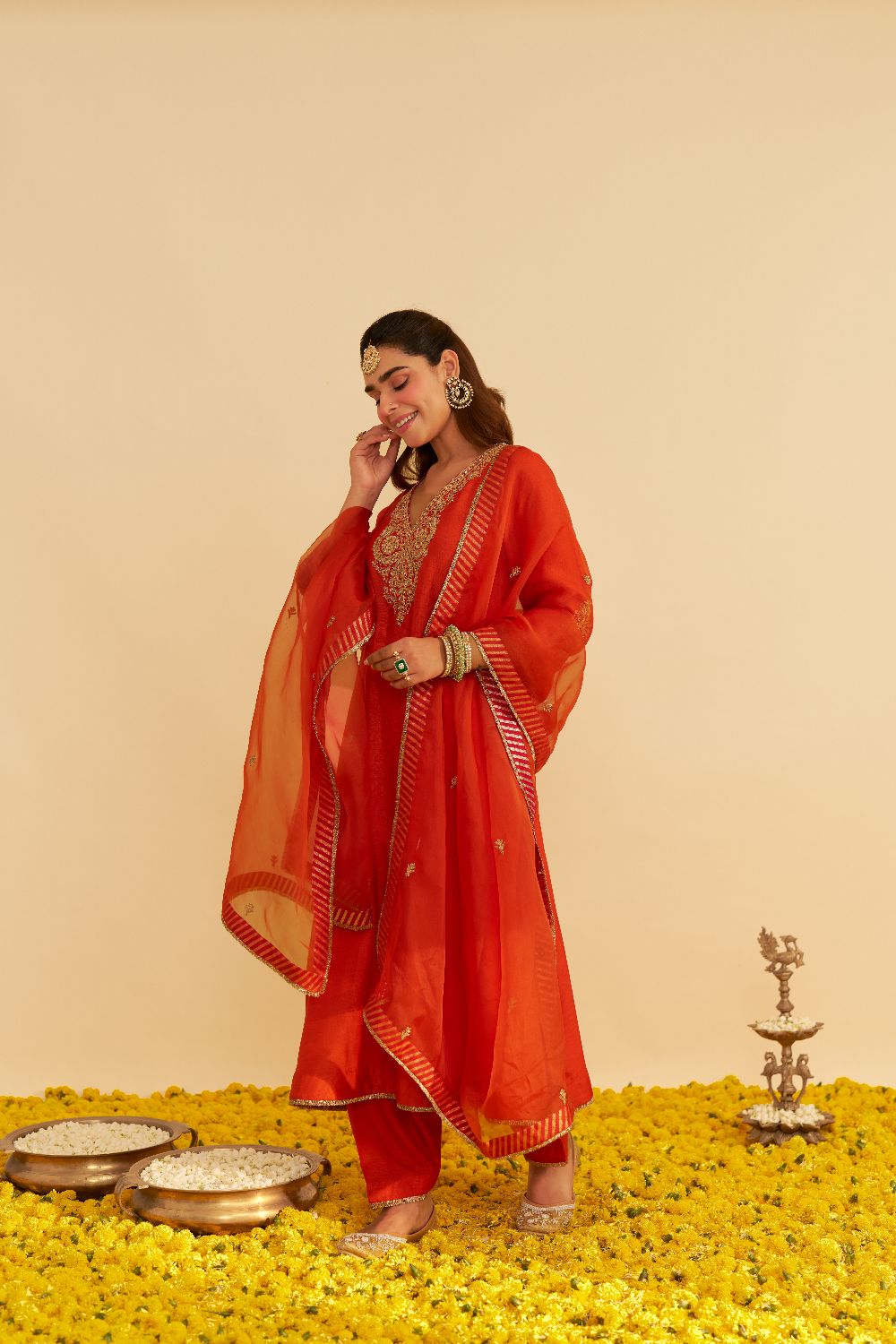Haayat - Long Kaftan With Salwar-Burnt Orange