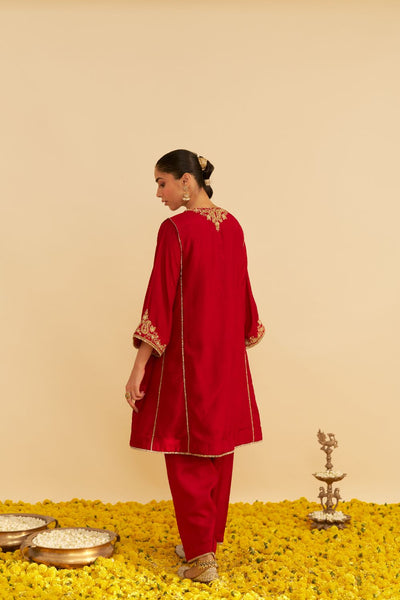 Ayra - Short Chauga With Salwar-Deep Red