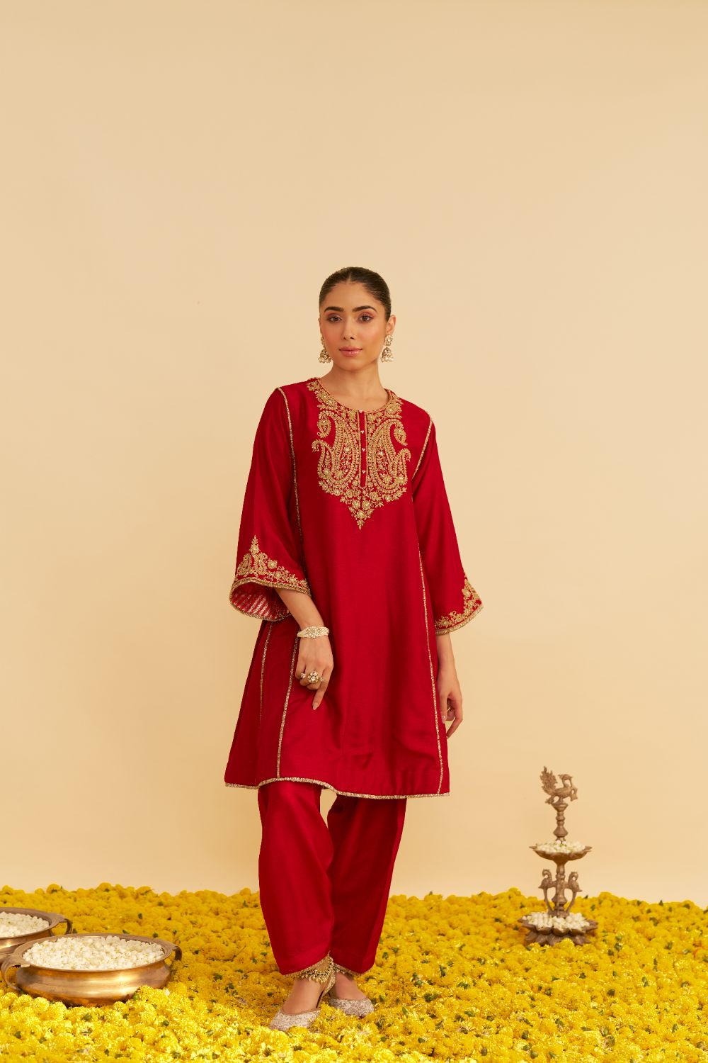Ayra - Short Chauga With Salwar-Deep Red