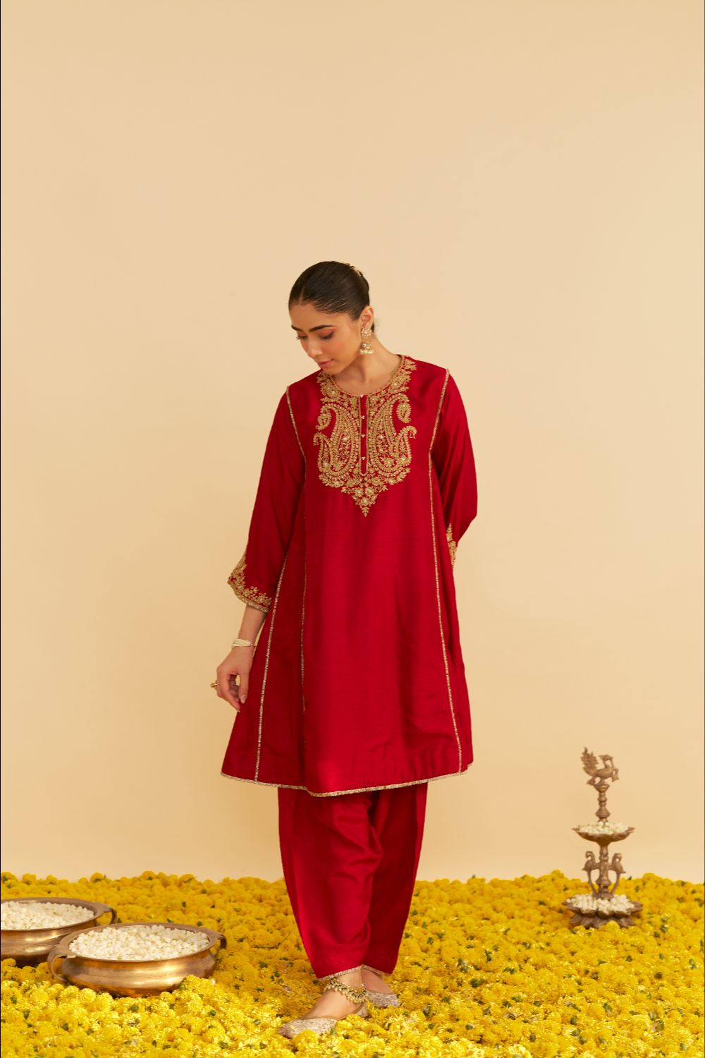 Ayra - Short Chauga With Salwar-Deep Red