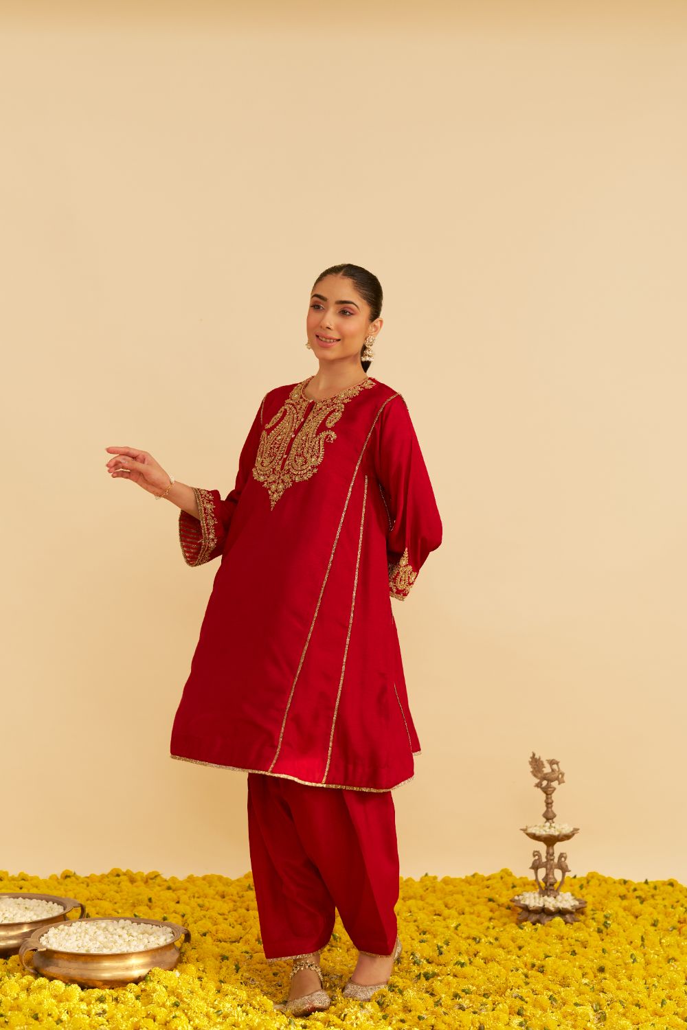 Ayra - Short Chauga With Salwar-Deep Red