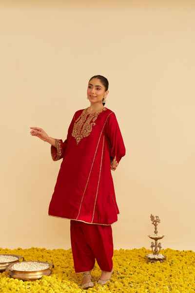 Ayra - Short Chauga With Salwar-Deep Red