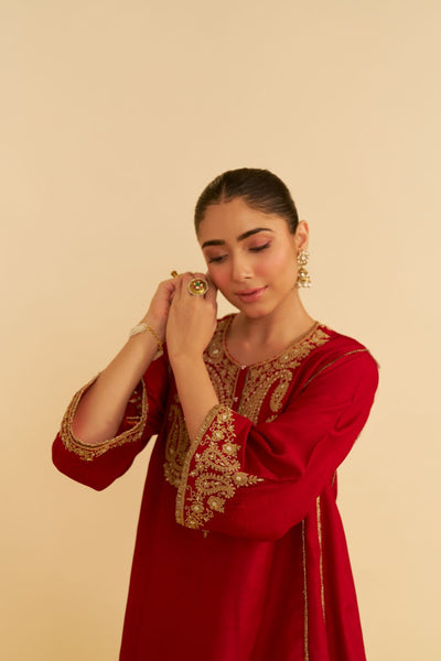 Ayra - Short Chauga With Salwar-Deep Red