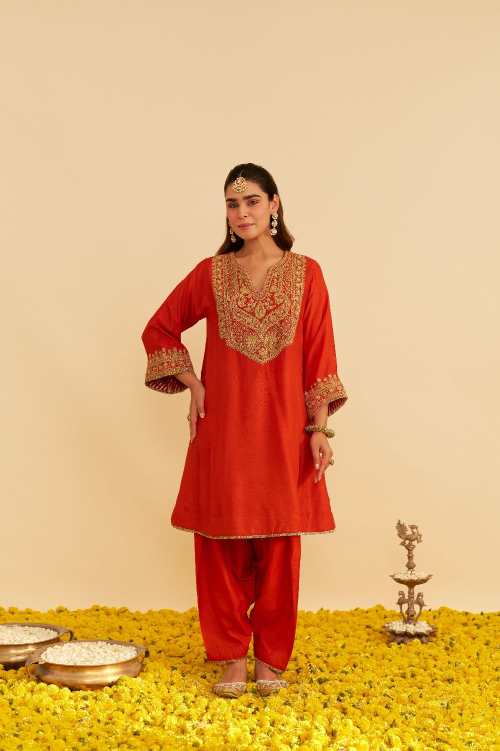 Mehza - Short Chauga With Salwar-Burnt Orange