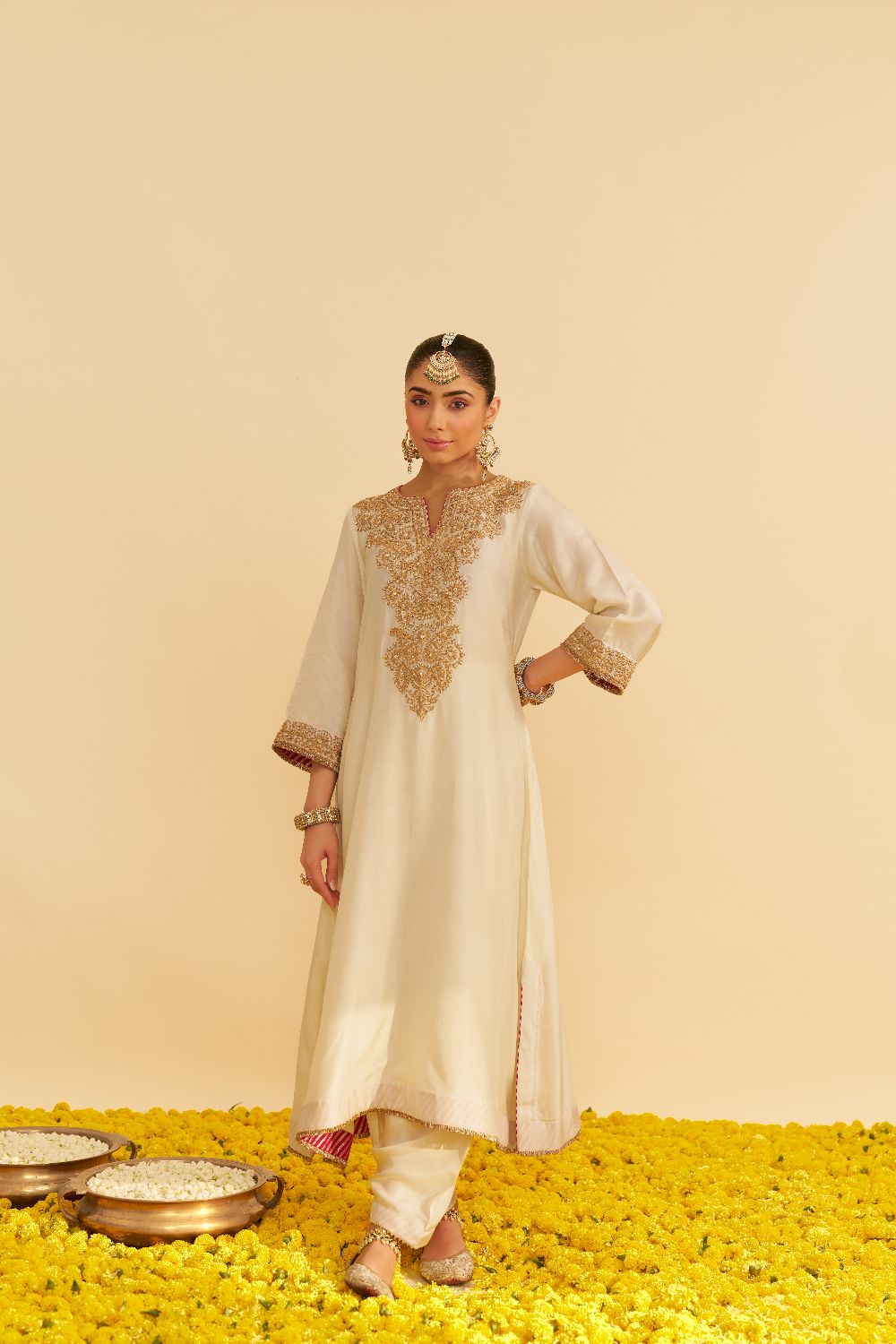 Hiba - Long Kaftan With Salwar-Daisy Ivory