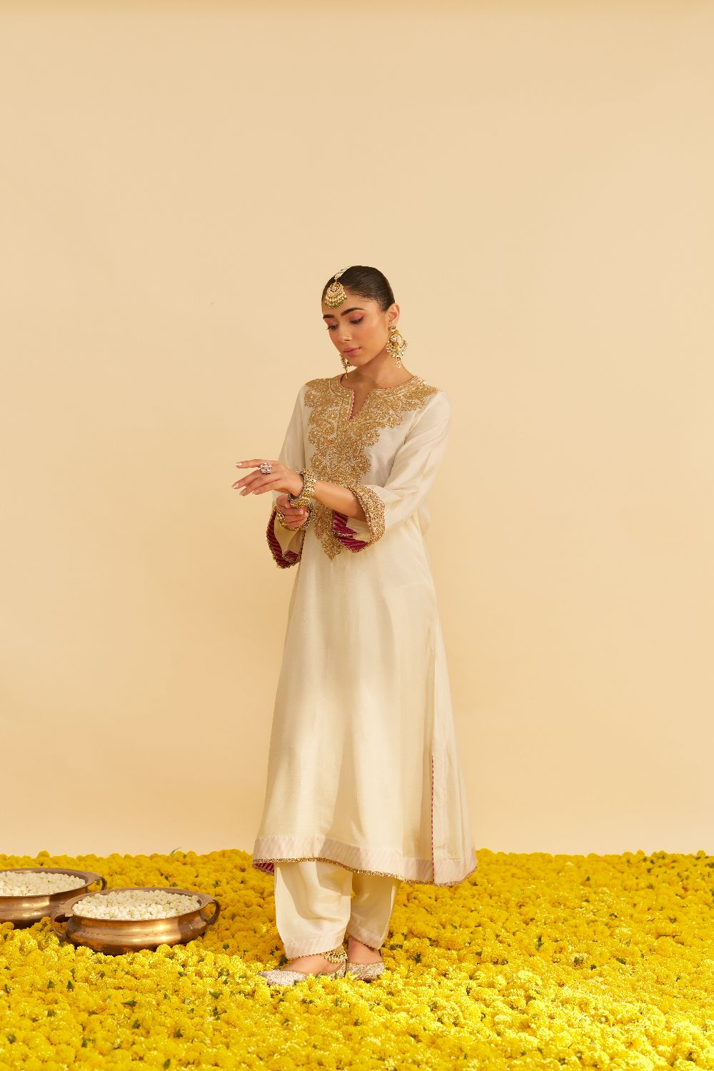 Hiba - Long Kaftan With Salwar-Daisy Ivory