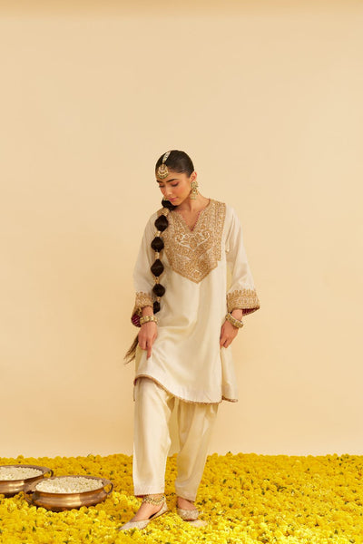 Mehza - Short Chauga With Salwar-Daisy Ivory