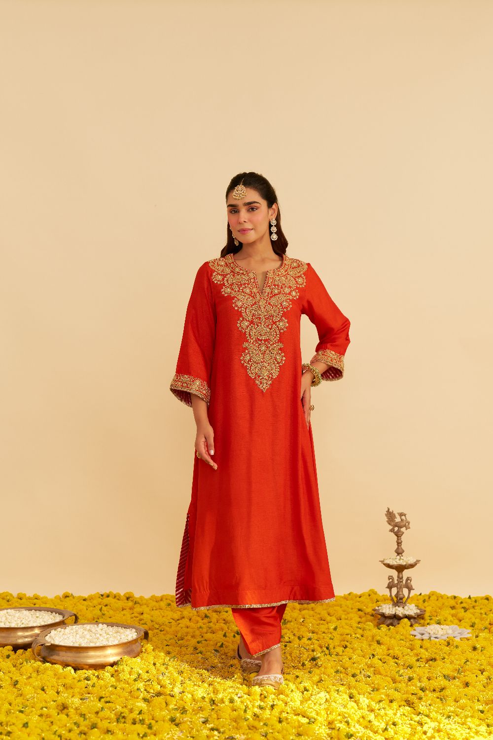 Hiba - Long Kaftan With Salwar-Burnt Orange