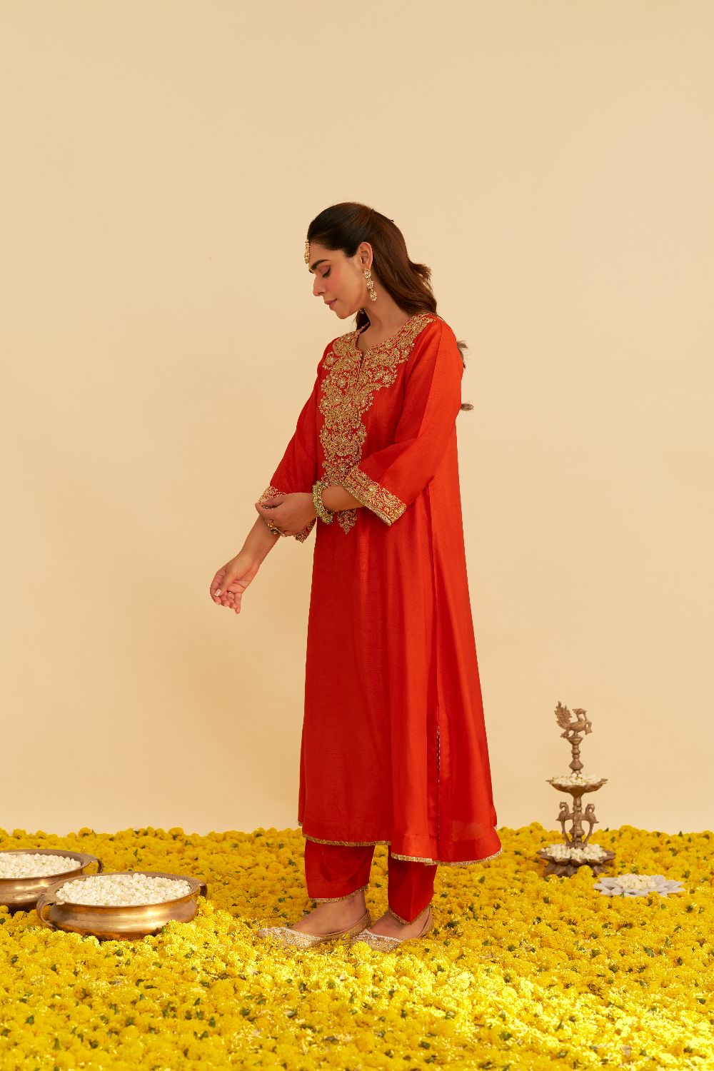 Hiba - Long Kaftan With Salwar-Burnt Orange