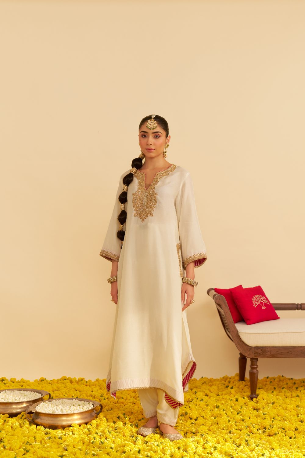 Amaya - Long Kaftan With Salwar-Daisy Ivory