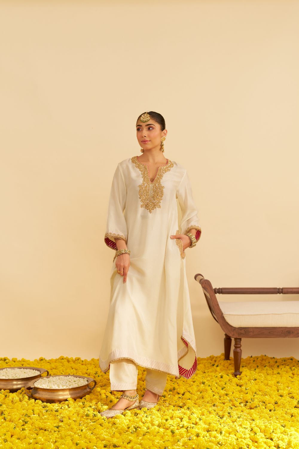 Amaya - Long Kaftan With Salwar-Daisy Ivory
