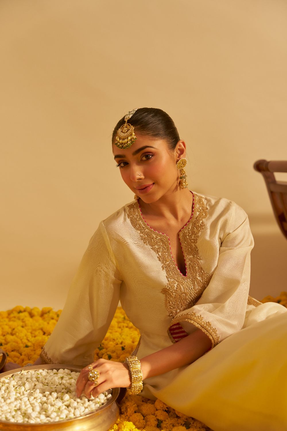 Amaya - Long Kaftan With Salwar-Daisy Ivory