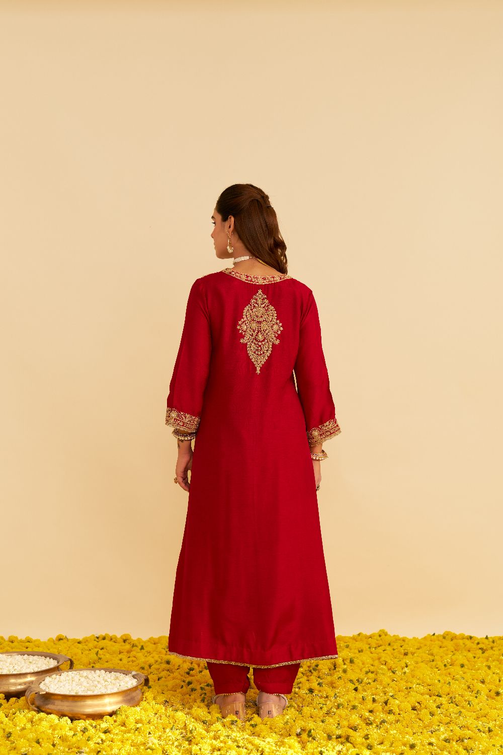 Hiba - Long Kaftan With Salwar-Deep Red
