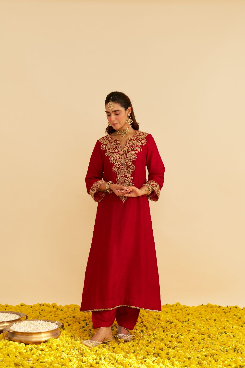 Hiba - Long Kaftan With Salwar-Deep Red