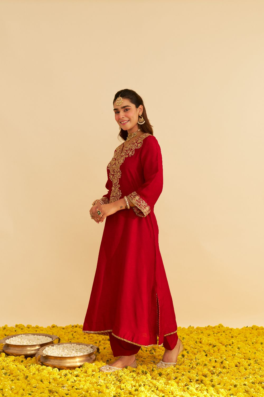 Hiba - Long Kaftan With Salwar-Deep Red