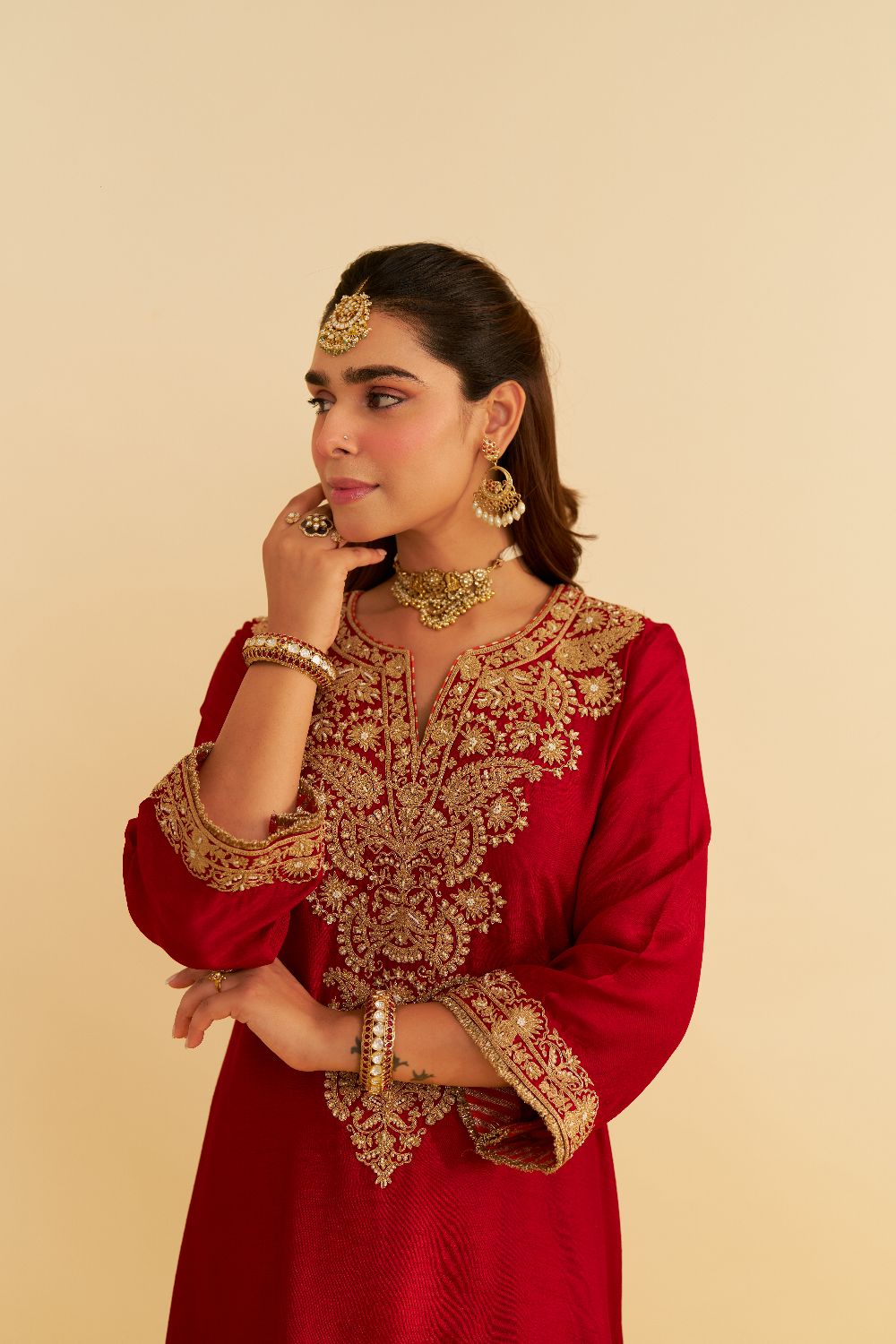 Hiba - Long Kaftan With Salwar-Deep Red