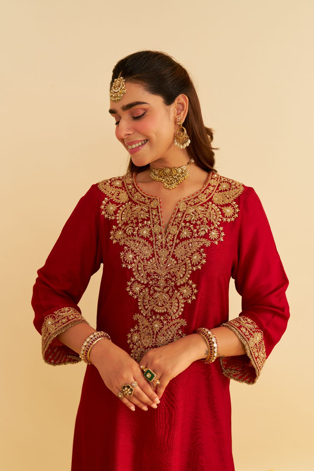 Hiba - Long Kaftan With Salwar-Deep Red