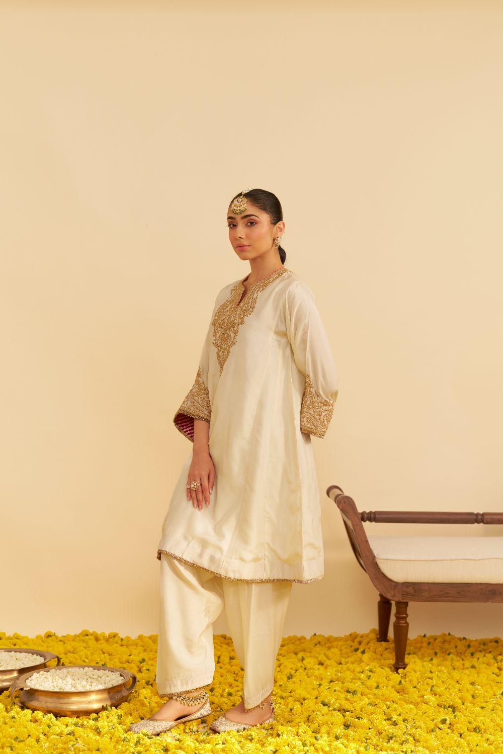 Marwa - Short Chauga With Salwar-Daisy Ivory